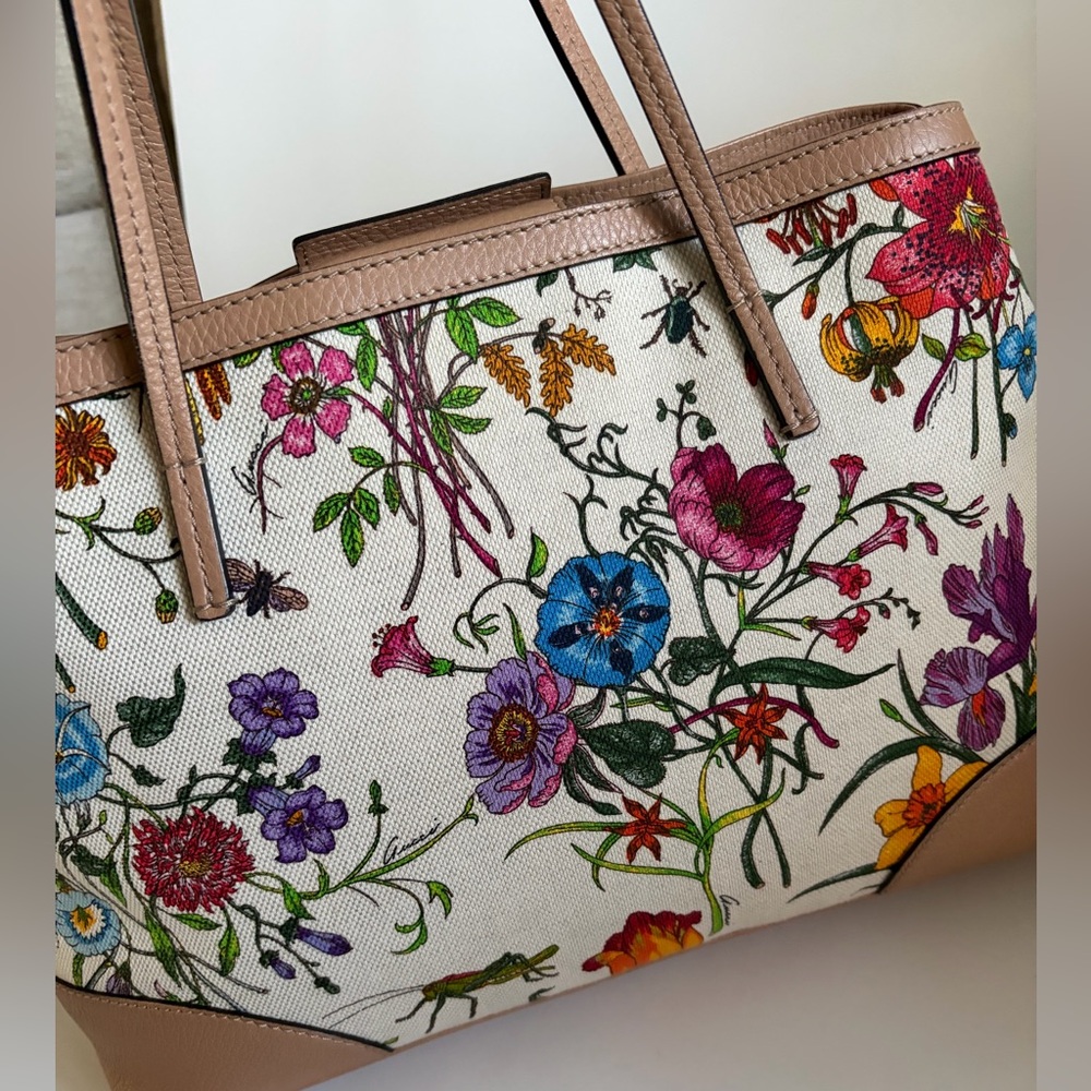 Gucci Floral Canvas Tote with Pink, Blue, Purple, Green, Yellow Accents